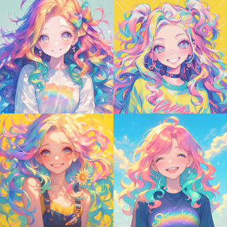 彩虹主题头像，人物在画面中间，长发少女面带微笑，阳光开朗，青春活泼，画面色彩鲜明，画质清晰