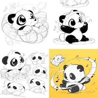 给熊猫身边加上旋律的线谱和音符围绕，图里的熊猫保持不变