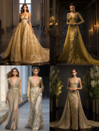 流苏装饰长裙,盛大庆典服饰,红毯造型,乔其纱丝绸,金银线绣,晚宴造型,璀璨金色。