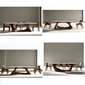 product photography, this north american black walnut dining room set, the main dining table is an oval long table with a light sintered stone top or light wood top, extremely thin edge, integrated sculptural north american black walnut solid wood base, bulky mass, thick curved supports, natural clear wood grain. the dining chairs are same-series north american black walnut solid wood chairs, thick backrest, wide seat, heavy blocky structure, architectural sculpture-like presence. placed in a modern minimalist mansion dining room, large light gray micro-cement walls, light floor, high ceiling, clean restrained background, only one dining table and six chairs in the space, no fabric chairs, no upholstery, no extra decoration. soft natural side light from large windows, creating strong block shadows, emphasizing the mass, thickness and sculptural feel of black walnut wood. centered composition, slightly low angle, commercial furniture cinematic still life, photorealistic, fine material, real wood texture, solid structure, high-end interior photography, 8k, ultra detailed. negative prompt: fabric dining chair, upholstered chair, lightweight thin legs, minimalist flimsy, plastic look, metal legs, cluttered decor, people, cartoon, over-rendered, overexposed, dirty, watermark.