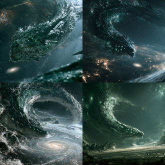 extreme wide shot, a colossal cosmic dragon vernak swimming through the deep universe, its massive body combining sleek sea dragon and western dragon features, covered in dark green abyssal scales that absorb starlight. six glowing eerie green eyes piercing the void. a tiny spiral galaxy barely reaching the size of the dragon's claw, emphasizing overwhelming scale and crushing presence. dark cosmic background, volumetric lighting, epic scale, hyperdetailed, 8k resolution, dark fantasy concept art, cinematic lighting
