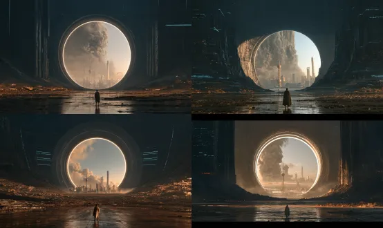 a cinematic wide shot with the same symmetrical composition as the reference image: one lone person seen from behind, standing small at the center of a vast, ruined futuristic chamber, facing a colossal glowing circular doorway. beyond the doorway, a distant post-apocalyptic shanghai skyline is barely visible through drifting ash and haze: the damaged but recognizable twin spheres of the oriental pearl tower, a faint spiral silhouette of shanghai tower, and fragments of the bund waterfront. keep these landmarks subtle and distant, so the circular doorway and lone figure remain the focus. monumental dark architecture, scattered debris, wet reflective floor, deep blue-black and charcoal tones, restrained cyan light strips, muted ember-orange glows, pale light from the doorway. photorealistic sci-fi film still, immense scale, atmospheric depth, dramatic natural lighting, sophisticated production design, no graphic layout, no text anywhere