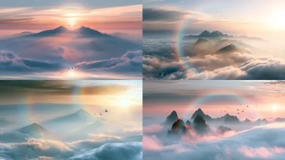 空灵云海仙山，对称构图，漫山彩雾，日出柔光，大光圈，慢门流云，缥缈仙鹤，通透明亮，虹彩光晕，静谧治愈。