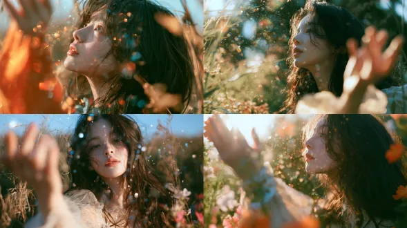 漂浮发光星尘少女，对角线构图，梦幻旷野，明亮多彩，大光圈镜头，柔漫散射光，轻抬手掌，空灵治愈，胶片质感，通透光晕，诗意故事感。