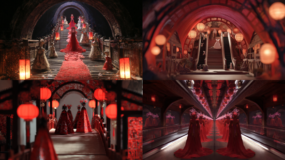 拱桥，诡异的红衣新娘，纸人接亲，瑰宝装饰，老鼠向新娘朝拜。超真实，细节，真实生活，中式恐怖氛围，电影质感，oc渲染器, 手扶梯, 中国水墨, 对称构图, 虚化, 深红, 深棕, 黑紫, 体积光, 自然照明, 午夜, 汉服, 灯笼, 符合逻辑，超清8k，空间感强