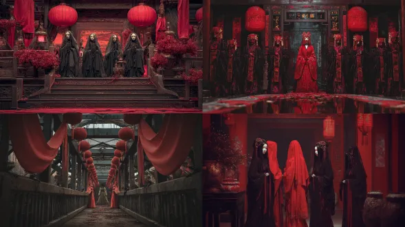 腐朽的拱桥，手扶梯，瑰宝装饰，诡异的红衣新娘-茫然的眼睛和令人不安的假笑，污迹斑斑的纸人-接亲，站立的老鼠，穿着磨损的黑色/靛蓝的寿服，向新娘朝拜。超真实，细节，真实生活，中式恐怖氛围，怪诞氛围，电影质感, 对称构图, 虚化, 色调：深红+深棕+黑紫, 午夜, 汉服, 灯笼, 符合逻辑，空间感强，超清8k