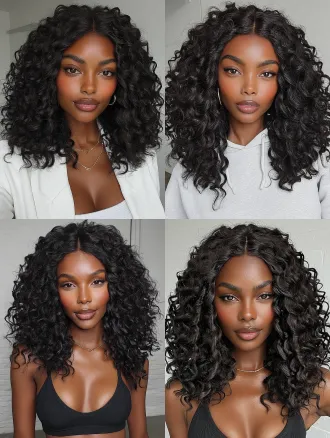 african woman, short wave-like curls, with brown color, up to the person's shoulders, bright and clean background, her style is like her instagram photos, correct only elements that appear broken or al-distorted while preserving the subject's identity, preserve authentic asymmetry and avoid artificial glow, over-sharpening, or plastic shine, realistic
