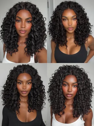 african woman, short wave-like curls, with brown color, up to the person's shoulders, bright and clean background, her style is like her instagram photos, correct only elements that appear broken or al-distorted while preserving the subject's identity, preserve authentic asymmetry and avoid artificial glow, over-sharpening, or plastic shine, realistic