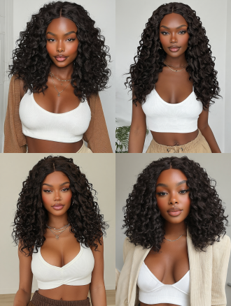 african woman, short wave-like curls, with brown color, up to the person's shoulders, full-body photo, showing the top and pants, bright and clean background, her style is like her instagram photos, correct only elements that appear broken or al-distorted while preserving the subject's identity, preserve authentic asymmetry and avoid artificial glow, over-sharpening, or plastic shine, realistic