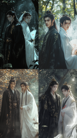 范无救（黑无常）和谢必安（白无常）并肩而立，背景是昏暗的密林，月光透过树叶的缝隙洒下斑驳的光影，营造出神秘而诡异的氛围。 范无救身着一袭黑色长袍，袍身绣着暗金色的神秘符文，显得庄重而威严。他的面容冷峻，眉眼间透出一股不怒自威的气势，眼神深邃，仿佛能洞察人心。他的头发束于冠中，几缕碎发垂在额前，更添几分冷峻之感。他双手负于身后，身后飘荡着一缕缕黑色的幽冥之气，仿佛与冥界有着千丝万缕的联系。他的身后，隐约可见一座古老的墓碑，上面刻着模糊的铭文，增添了几分神秘感。 谢必安则身着白色长袍，袍身同样绣着金色的符文，与范无救的黑袍形成鲜明对比。他的面容清秀，眉眼间带着一丝温和的笑意，眼神中却透着机敏和狡黠。他的头发随意披散，显得不羁而潇洒。他手持一柄白色的纸扇，扇面上绘着几朵红色的彼岸花，显得格外醒目。他的身后，环绕着几缕白色的烟雾，仿佛是冥界的使者独有的气息，既神秘又带着一丝诡异的美感。 两人站在一起，一黑一白，一冷一暖，仿佛是冥界的双生子，守护着幽冥的秩序。周围的密林中，偶尔传来几声夜枭的叫声，更添了几分幽静与神秘的氛围。