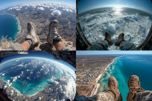 第一人称视角俯瞰地球，高空跳伞，落入海面的过程，飞速，紧张，刺激