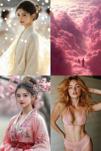 "仙女翩舞云端，丝绸长裙飘逸，金色发饰闪烁，背景桃花纷飞，柔光逆光，浅景深，梦幻唯美，动态模糊，4k高清，电影质感，暖色调，优雅高贵，古典美学，仙气缭绕，轻盈灵动，华服细节，珠宝光泽，诗意氛围，超凡脱俗。"