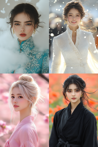 "仙女翩舞云端，丝绸长裙飘逸，金色发饰闪烁，背景桃花纷飞，柔光逆光，浅景深，梦幻唯美，动态模糊，4k高清，电影质感，暖色调，优雅高贵，古典美学，仙气缭绕，轻盈灵动，华服细节，珠宝光泽，诗意氛围，超凡脱俗。"