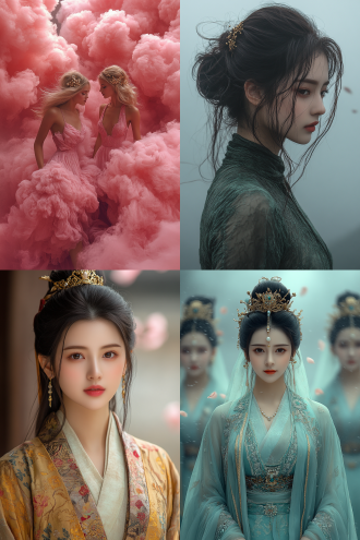 "仙女翩舞云端，丝绸长裙飘逸，金色发饰闪烁，背景桃花纷飞，柔光逆光，浅景深，梦幻唯美，动态模糊，4k高清，电影质感，暖色调，优雅高贵，古典美学，仙气缭绕，轻盈灵动，华服细节，珠宝光泽，诗意氛围，超凡脱俗。"