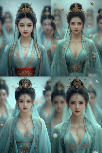 "仙女翩舞云端，丝绸长裙飘逸，金色发饰闪烁，背景桃花纷飞，柔光逆光，浅景深，梦幻唯美，动态模糊，4k高清，电影质感，暖色调，优雅高贵，古典美学，仙气缭绕，轻盈灵动，华服细节，珠宝光泽，诗意氛围，超凡脱俗。"