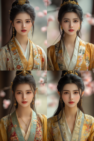 "仙女翩舞云端，丝绸长裙飘逸，金色发饰闪烁，背景桃花纷飞，柔光逆光，浅景深，梦幻唯美，动态模糊，4k高清，电影质感，暖色调，优雅高贵，古典美学，仙气缭绕，轻盈灵动，华服细节，珠宝光泽，诗意氛围，超凡脱俗。"