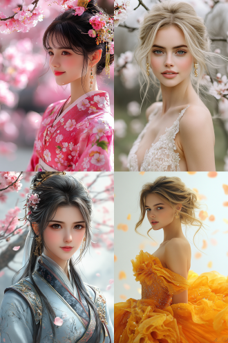 "仙女翩舞云端，丝绸长裙飘逸，金色发饰闪烁，背景桃花纷飞，柔光逆光，浅景深，梦幻唯美，动态模糊，4k高清，电影质感，暖色调，优雅高贵，古典美学，仙气缭绕，轻盈灵动，华服细节，珠宝光泽，诗意氛围，超凡脱俗。"