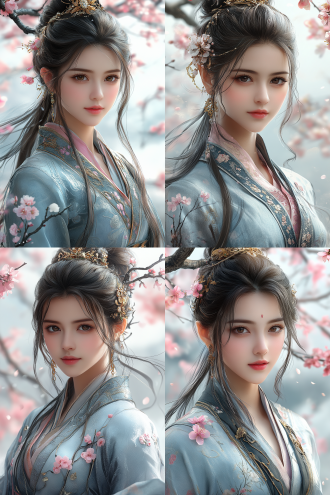 "仙女翩舞云端，丝绸长裙飘逸，金色发饰闪烁，背景桃花纷飞，柔光逆光，浅景深，梦幻唯美，动态模糊，4k高清，电影质感，暖色调，优雅高贵，古典美学，仙气缭绕，轻盈灵动，华服细节，珠宝光泽，诗意氛围，超凡脱俗。"