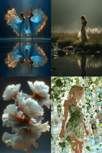 仙女群舞，梦幻仙境，飘逸长裙，柔美光影，清流神渚，明珠翠羽，动态构图，柔和色调，广角镜头，逆光效果，丝绸质感，轻盈动作，灵动眼神，优雅姿态，水波反射，云雾缭绕，柔和阴影，细腻肌肤，珠宝闪烁，羽毛飘落，古典美学，诗意氛围，空灵表情，浪漫情感，仙气缭绕，精致细节，流畅线条，唯美风格