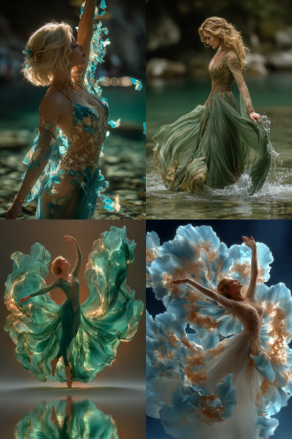 仙女群舞，梦幻仙境，飘逸长裙，柔美光影，清流神渚，明珠翠羽，动态构图，柔和色调，广角镜头，逆光效果，丝绸质感，轻盈动作，灵动眼神，优雅姿态，水波反射，云雾缭绕，柔和阴影，细腻肌肤，珠宝闪烁，羽毛飘落，古典美学，诗意氛围，空灵表情，浪漫情感，仙气缭绕，精致细节，流畅线条，唯美风格
