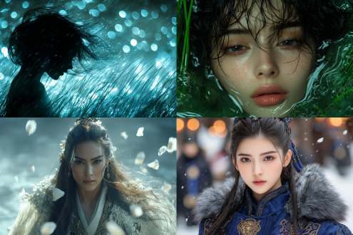 洛神沐浴月光，轻盈立于芳草丛中，衣袂飘飘，面容忧郁而神圣，背景是幽静的森林与流水，梦幻光影交错。仙女裙，柔光，月光照射，神秘氛围，长焦镜头，低角度，浅景深，冷色调，飘逸动作，哀伤表情，花瓣飘落，水波反射，超现实风格，高细节，丝绸质感，朦胧背景。