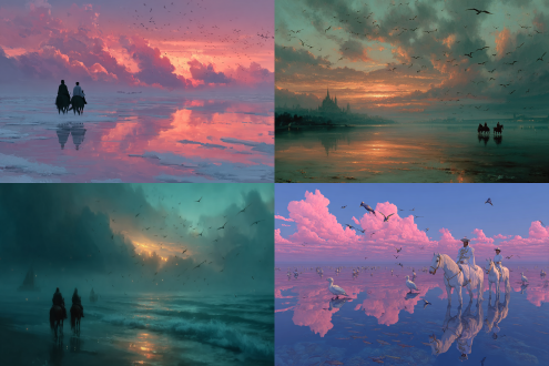 骑马的主仆二人在岸边看远处仙女们在水面上翩翩起舞，服饰华丽轻盈，好像在水面走路，天上有很多飞鸟，水中很多鱼游泳，仙气云雾弥漫，宛如仙境