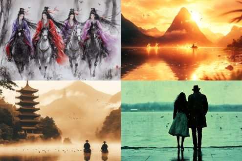 主仆骑岸边遥望仙女舞水面，华丽轻盈服饰，如履薄冰，飞鸟满天，鱼群游弋，仙雾缭绕，水墨风格，中国古风，朦胧虚幻，仙女焦点，柔和色调，远山如黛，微光穿透云雾，飘逸裙摆，优雅动作，浅景深，山水画意境，宁静祥和