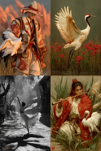 于是洛灵感焉，徙倚彷徨，神光离合，乍阴乍阳。竦轻躯以鹤立，若将飞而未翔。践椒涂之郁烈，步蘅薄而流芳。超长吟以永慕兮，声哀厉而弥长。