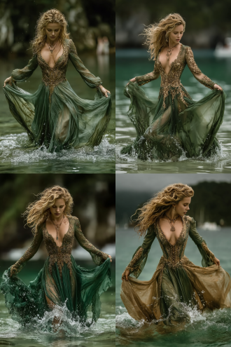 仙女群舞，梦幻仙境，飘逸长裙，柔美光影，清流神渚，明珠翠羽，动态构图，柔和色调，广角镜头，逆光效果，丝绸质感，轻盈动作，灵动眼神，优雅姿态，水波反射，云雾缭绕，柔和阴影，细腻肌肤，珠宝闪烁，羽毛飘落，古典美学，诗意氛围，空灵表情，浪漫情感，仙气缭绕，精致细节，流畅线条，唯美风格