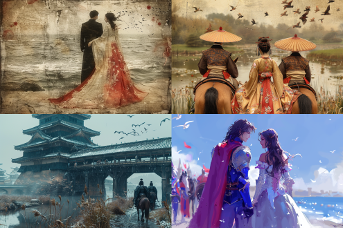 骑马的主仆二人在岸边看远处仙女们在水面上翩翩起舞，服饰华丽轻盈，好像在水面走路，天上有很多飞鸟，水中很多鱼游泳，仙气云雾弥漫，宛如仙境，中国古代山水画和人物，朦胧虚无，以仙女们为焦点，水墨风格