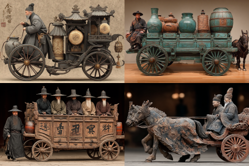 中国古代的科技发明记里鼓车，车夫驾驭着马拉车，第一层车厢里坐着贵族，马车行走时，第二层车厢上的两个木人会敲鼓