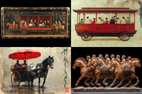 中国古代科技发明记里鼓车，汉代砖画风格，双层马车，车夫驾驭马匹，贵族坐第一层车厢，木人敲鼓第二层车厢，古朴厚重，红褐色调，浅浮雕效果，对称构图，线条粗犷，平面化处理，低视角，侧光，场景叙事，历史感，沉稳庄重