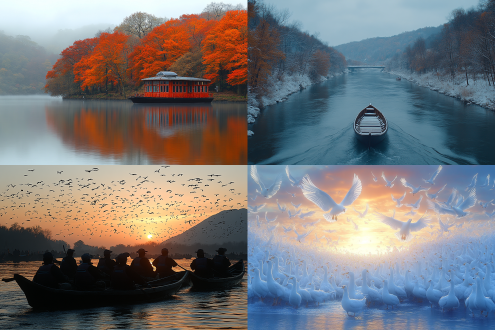 独立寒秋湘江橘子洲头，万山红遍层林尽染，漫江碧透百舸争流，鹰击长空鱼翔浅底，霜天竞自由，广角镜头全景构图，冷色调中点缀暖色，低角度仰拍，晨雾弥漫，动态模糊水流飞鸟，沧桑感历史厚重感，怀旧胶片质感，深沉壮阔，孤寂中蕴含力量