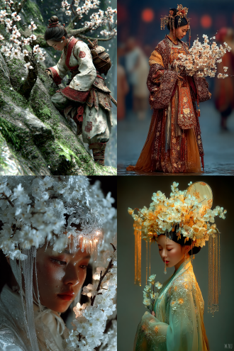 月色寒光，中国古装美人，梅花林赏花，折枝抱花，雨后梅花带露珠，古朴遒劲造型，争奇斗艳，立体真实感，写实照，高细节，柔光，冷色调，浅景深，长焦镜头，微距露珠，丝绸汉服飘逸，淡然微笑，古典优雅，花瓣飞舞，湿润质感，水墨意境，自然光影，细腻纹理