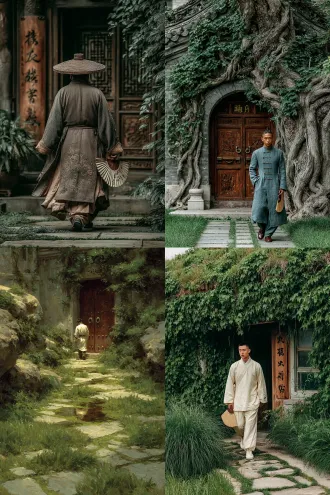 一位清秀儒雅的中国古装少年沿着门外的小径走进爬满藤曼的山门，右手抓住门环推开木门，左手拿着折扇背在身后，玉树临风，潇洒优雅，庭院内灰色石板缝隙长出零星的青草，雨天的潮湿，立体真实感，写实照片