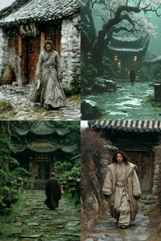 清秀儒雅的中国古装少年沿小径走进藤蔓山门，右手推木门环左手执折扇背身，庭院石板缝青草零星，雪天潮湿，写实照片，长袍飘逸，温润如玉，侧光，浅景深，35mm镜头，冷色调，细腻质感，雪花飘落，静谧优雅，立体光影，自然真实，微距细节，古风建筑，含蓄微笑