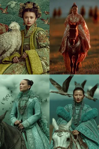 一位唐朝的贵夫人盛装骑马出行，手里拿着缰绳，意气风发，雄健肥美，华丽服饰，外套轻纱飘逸，立体真实感，写实照片，朝阳青绿山水背景，沿途有树木还有飞鸟。