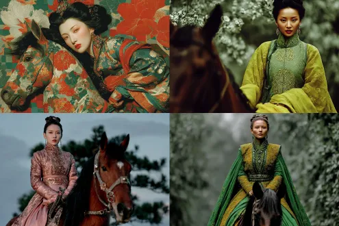 唐朝贵夫人盛装骑马，手持缰绳意气风发，华丽服饰轻纱飘逸，立体真实感，写实照片，朝阳青绿山水背景，沿途树木飞鸟，黄金比例构图，柔和自然光，长焦镜头，浅景深，动态模糊，丝绸质感，珠光宝气，鲜艳色彩，自信微笑，优雅高贵。