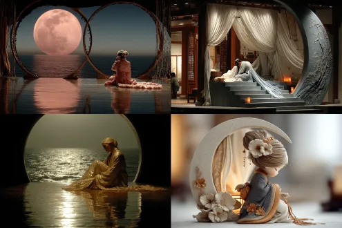 一位元朝古装贵夫人独自坐在楼上的赏月台内，伤心地用长袖擦拭眼泪，烛光映照着她精致的妆容，华丽服饰，头上的白色绒毛珍珠头饰晶莹光泽，圆形的月亮门珠帘往两边挂起，外面的栏杆下是波光粼粼的湖水和月亮的倒影，立体真实感，写实照片