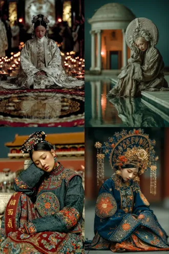 元朝贵夫人独坐赏月台，长袖拭泪，精致妆容，华丽服饰，白色绒毛珍珠头饰，圆形月亮门珠帘，栏杆外湖面波光粼粼，月亮倒影，立体真实感，写实照片，暖色调，低角度拍摄，长焦镜头，柔光，烛光映照，忧郁情绪，丝绸质感，珍珠光泽，古典建筑，宁静夜晚，水面反射