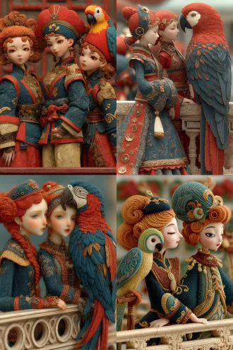 三位唐朝贵夫人倚栏聊天，精致妆容，华丽服饰，繁复纹饰，相互欣赏，身后彩色鹦鹉模仿人声，立体真实，盛唐风情，柔和自然光，浅景深，细腻质感，丝绸光泽，暖色调，优雅从容，古典建筑背景，雕花栏杆，写实风格，高分辨率，细节丰富，生动表情，端庄大方。