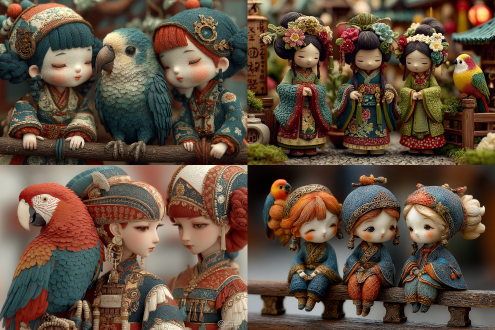 花园里，三位唐朝古装贵夫人悠闲地站在栏杆旁聊天，精致的妆容，华丽服饰，她们互相欣赏评论彼此时装，彰显盛世的繁复色彩花纹，不同的款式，身后吊环上有两只彩色鹦鹉在模仿人类说话，立体真实感，写实照片