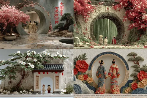 月亮门旁凌霄花盛开，两位古装贵夫人悠闲地站在一旁数花朵，精致的妆容，华丽服饰，白色的山墙顶部呈波浪形，盖着灰黑色的瓦片，墙边种翠绿的芭蕉树，门外蜿蜒的小路，地板铺着花纹瓷砖，立体真实感，写实照片