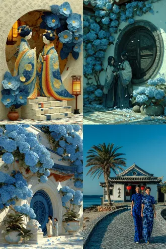 月亮门旁盛开的凌霄花，两位古装贵夫人优雅站立，精致妆容华丽服饰，白色波浪形山墙灰黑瓦顶，翠绿芭蕉树，门外蜿蜒小路花纹瓷砖地板，立体真实感，写实照片，对称构图，柔光，浅景深，50mm镜头，古典色调，丝绸质感，细腻皮肤，宁静愉悦，自然光，微风拂过，花瓣飘落