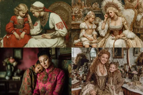 豪华化妆间，特大铜镜，华丽夫人端详金凤头钗，可爱女儿戴簪子，富丽堂皇内饰，洛可可风格，油画质感，丰富明亮配色，奢华细节，柔光，典雅妆容，精致珠宝，暖色调，广角镜头，细腻笔触，母女温情，俏皮表情，繁复服饰，珠光宝气，复古铜镜，高饱和度，古典优雅，欢乐氛围