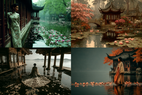 湖面睡莲盛开，中国古装美人亭中静立，披肩轻纱彩带飘逸，凝望美景，九曲桥蜿蜒湖心，亭柱栏杆梅花飘落，远梅掩月，古典水墨风格，柔光散射，长焦镜头，低角度，冷色调，静谧优雅，细腻纹理，诗意氛围，倒影清晰，微风拂纱，梅花点缀，月光朦胧。