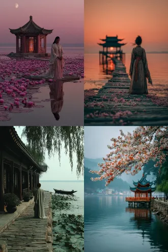 湖面上开着睡莲，一位中国古装美人站在凉亭里，披着披肩，手上搭着透明的轻纱彩带，欣赏眼前如画如诗的美景，九曲通桥从岸边连接到湖心的凉亭，凉亭的柱子和栏杆周围有飘落的梅花，远处的梅花遮挡了部分月亮。