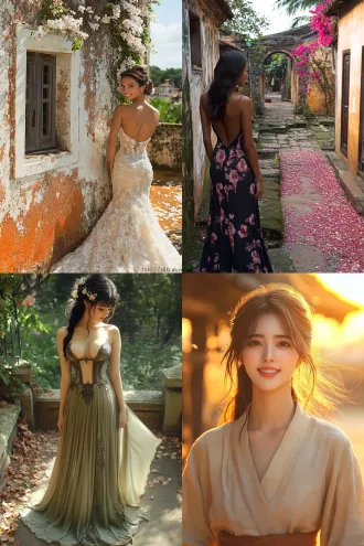 中国古装美人站在庭院里，透明轻纱彩带随风飘动，典雅长裙，端庄微笑，石板青苔，花瓣梧桐叶散落，爬山虎山墙，月亮门，盛开的玉兰花，高清摄影，写实风格，浅景深，柔光，温暖色调，自然光，侧面打光，静谧氛围，优雅姿态，细腻纹理，古典美感。