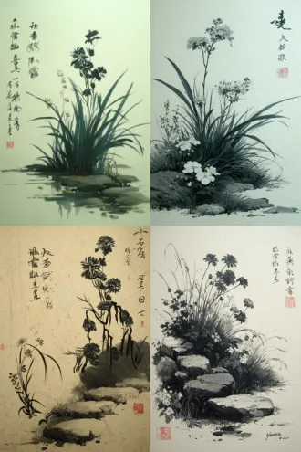 假山，菊花，兰花，变成工笔花鸟中国画，宋代风格