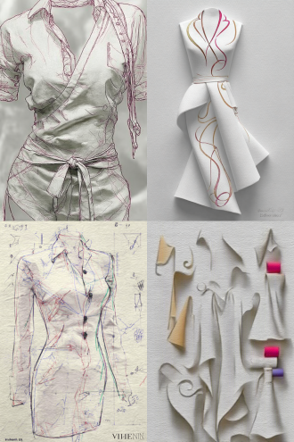 线稿时装转为真实产品，3d渲染，高清晰度，时尚摄影棚，白色背景，专业照明，正面视角，50mm标准镜头，柔和阴影，细节纹理，现代简洁风格，中性色调，立体感，真实布料，精细剪裁，静态展示，高级感，商业广告品质